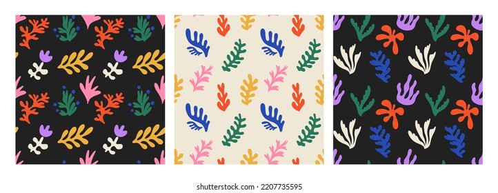 Abstract creative seamless patterns with colorful plants, set. Modern cartoon design for paper, cover, fabric, interior decor and other users.