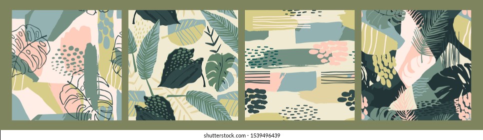 Abstract creative seamless patterns with tropical plants and artistic background. Modern exotic design for paper, cover, fabric, interior decor and other users.