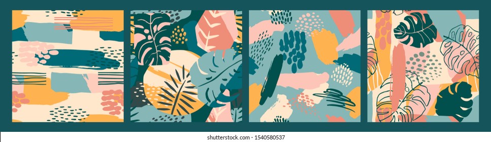 Abstract creative seamless patterns with tropical plants and artistic background. Modern exotic design for paper, cover, fabric, interior decor and other users.