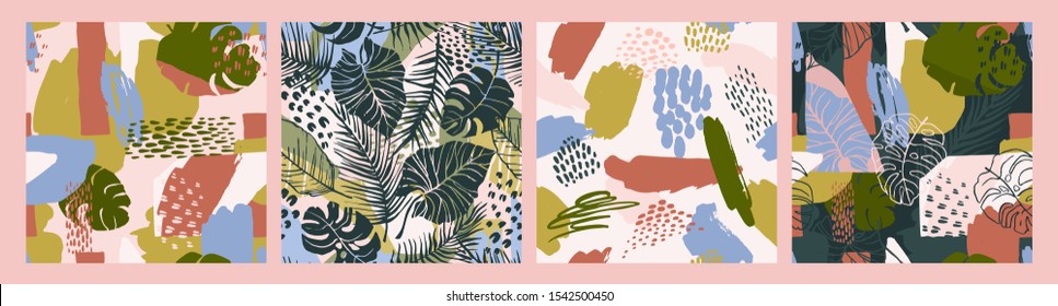 Abstract creative seamless patterns with tropical plants and artistic background. Modern exotic design for paper, cover, fabric, interior decor and other users.