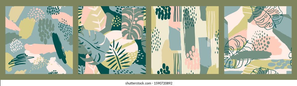 Abstract creative seamless patterns with tropical plants and artistic background. Modern exotic design for paper, cover, fabric, interior decor and other users.