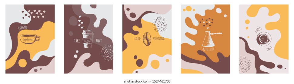 Abstract creative set with coffee backgrounds copy space for text and coffee hand draw icons. Vector concept for coffee shop and house, cafe. Simple, stylish template for social media. 