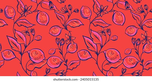 Abstract creative shape branches leaves with lemon, flowers seamless pattern. Vector hand drawn sketch brush floral. Simple summer leaf stems on a red background. Design for fabric, fashion, wallpaper