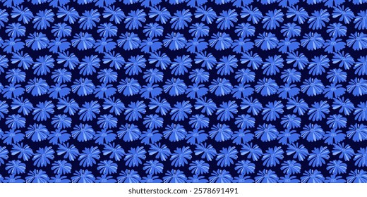Abstract creative shapes flowers seamless pattern on a dark background. Stylized silhouettes blue floral printing. Vector hand drawn. Contemporary plain ornament