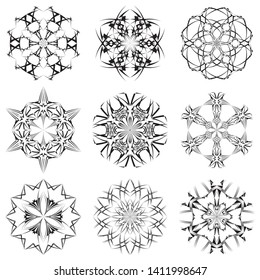 Abstract creative snowflakes. Geometric pattern, black and white background. Christmas and winter holiday design elements, vector illustration.