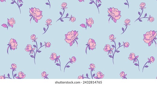 Abstrakte kreative winzige Äste Rosenknospen, nahtloses Rosenmuster auf dem pastellblauen Hintergrund. Vector Hand gezeichnete Skizze Nette ditsy einfache Blumen. Collage-Schablone zum Drucken, gemustert