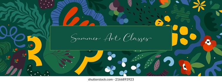 Abstract creative universal artistic template with a lot of floral and geometric elements. Suitable for email header, post in social networks, advertising, events and page cover, banner, background.