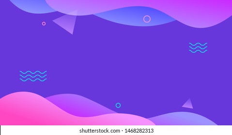 Abstract creative vector background. Lines, circles and triangles chaotic memphis symbols on blue trendy backdrop. Gradient pink and purple waves, curves geometrical minimal illustration
