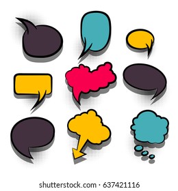 Abstract creative vector colorful blank bubble. Comic speech balloon on halftone dot background pop art style. Funny set comic book cartoon text dialog, colored empty cloud. Sale banner.