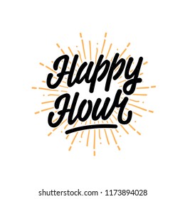 Abstract creative vector design layout with text - happy hour. Vintage concept background, art template, retro elements, logo, labels, layout, badge, old banner, card