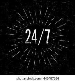 Abstract creative vector design layout with text - 24/7. Vintage concept background, art template, retro elements, logo, labels, badge, ink, tag, card. Handmade typography.