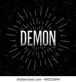 Abstract creative vector design layout with text - demon. Vintage concept background, art template, retro elements, logo, labels, layout, badge, old banner, card. Hand made typography word.
