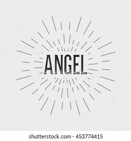 Abstract creative vector design layout with text - angel. Vintage concept background, art template, retro elements, logo, labels, badge, old banner, card. Handmade typography word.