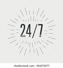 Abstract creative vector design layout with text - 24/7. Vintage concept background, art template, retro elements, logo, labels, badge, ink, tag, card. Handmade typography.