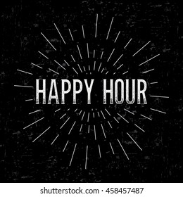 Diseño de vector creativo abstracto con texto - happy hour. Antecedentes de concepto vintage, plantilla de arte, elementos retro, logotipo, etiquetas, diseño, placa, banner antiguo, tarjeta. Palabra de tipografía hecha a mano.