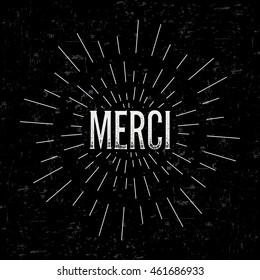 Abstract creative vector design layout with text - merci. Vintage concept background, art template, retro elements, logo, labels, layout, badge, old banner, card. Hand made typography word.