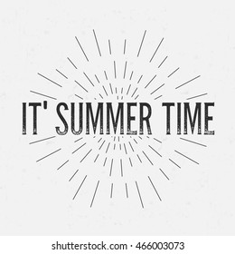 Abstract creative vector design layout with text - it's summer time. Vintage concept background, art template, retro elements, logo, labels, layout, badge, old banner, card. Hand made typography word.