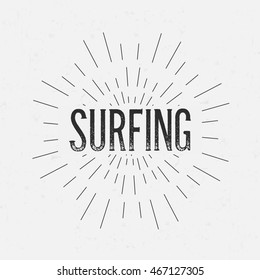 Abstract creative vector design layout with text - surfing. Vintage concept background, art template, retro elements, logo, labels, layout, badge, old banner, card. Hand made typography word.
