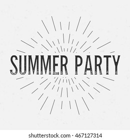 Abstract creative vector design layout with text - summer party. Vintage concept background, art template, retro elements, logo, labels, layout, badge, old banner, card. Hand made typography word.