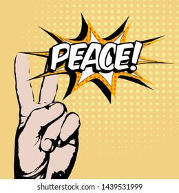 Abstract creative vector pop art hand peace signs (hand and finger) as vector - comic style, victory signs - isolated dots pattern on background - For sale banner, illustration, comic book design