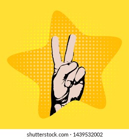 Abstract creative vector pop art hand peace signs (hand and finger) as vector - comic style, victory signs - isolated dots pattern on background - For sale banner, illustration, comic book design