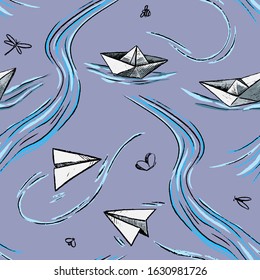 Abstract creative vector seamless pattern. Graphic drawing origami figures. Decorative background with paper planes and boats sketches. Universal wallpapers. For design, prints, fabric, wrap, card etc