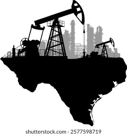 Abstract and creative vector silhouette map Texas USA with oil pumps and industry - process industry and oil industry - oil production in America