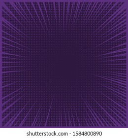 Abstract creative violet pop art vector background. Comic book design. Circular geometric shape wallpaper. Rays, beams, dots pattern element on concentric frame. Blank radial space in retro style
