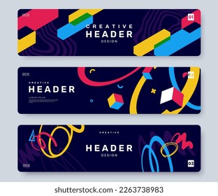 Abstract creative web banner collection with colorful dynamic geometric shapes and graphics. Set of bright colorful artistic header with place for text. Youth style backgrounds. Vector eps 10