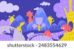 Abstract creatures background. Fantastic location with imaginary monsters and fictional plants. Strange creature in surreal world neoteric vector scene