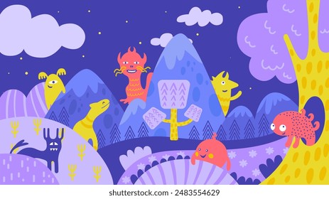 Abstract creatures background. Fantastic location with imaginary monsters and fictional plants. Strange creature in surreal world neoteric vector scene