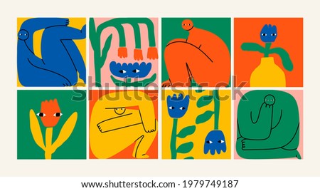 Abstract creatures or people or persons with long arms and small heads. Simple domestic Flowers with eyes. Naive art Style. Colorful trendy Vector illustration. All elements are isolated