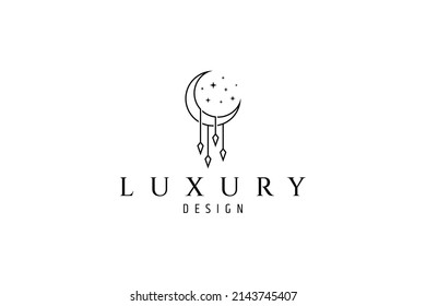 Resumen plantilla de diseño de logotipo de luna creciente con decoración de cristal colgante y estrellas brillantes en el concepto de una línea bohemia minimalista.