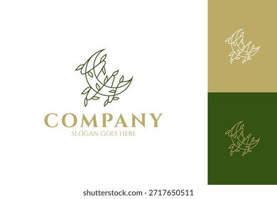 Abstrakter Halbmond-Logo-Design mit Zweig- und Blattdekoration im minimalistischen Liniendesign-Stil