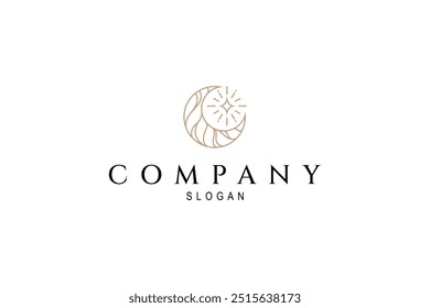 abstract crescent moon logo with star burst in luxury line art design style