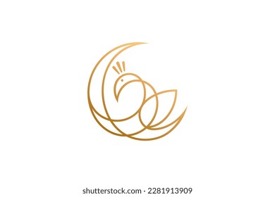 abstract crescent moon and peacock line art style logo