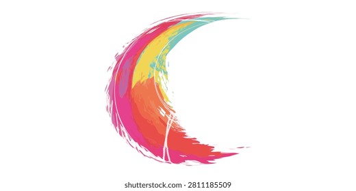 An abstract crescent moon shape rendered with vibrant, dynamic paint strokes in a spectrum of colors, creating a lively and artistic visual.