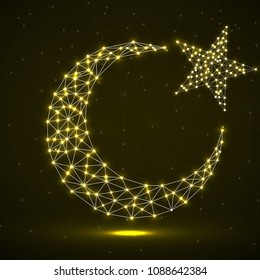 Abstract crescent moon and star of glowing polygonal lines and dots. Islamic religion symbol. Vector