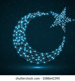 Abstract crescent moon and star of glowing polygonal lines and dots. Islamic religion symbol. Vector