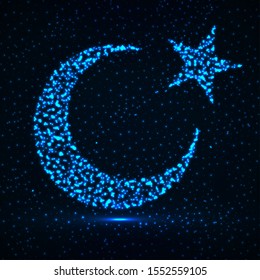 Abstract crescent moon and star of glowing particles. Religion symbol. Vector