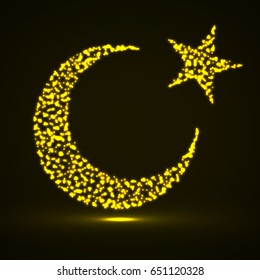 Abstract crescent moon and star of glowing particles. Religion symbol. Vector