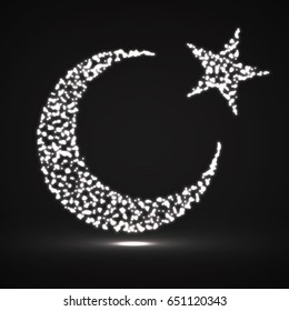 Abstract crescent moon and star of glowing particles. Religion symbol. Vector