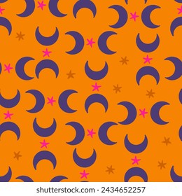Abstract Crescent Moon and Stars Vector Seamless Pattern