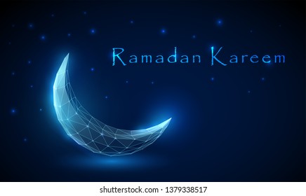 Abstract crescent. Ramadan Kareem background. Low poly style design.  Wireframe light connection structure.  Modern 3d graphic concept. Isolated vector illustration.
