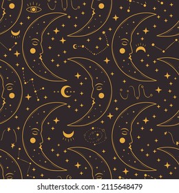 Abstract crescent seamless pattern with stars and constellation. Hand drawn mystical half moon background. Golden luna with celestial symbols on black background