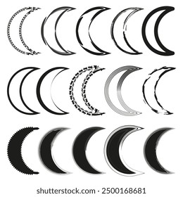 Abstract crescent shapes. Variety of styles. Black and white. Vector illustration.