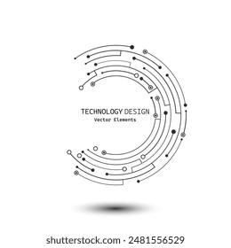 Abstract crescent-shaped circuit board isolated on white background. Lines and dots connect. Vector electronic motherboard illustration. Digital technology element.