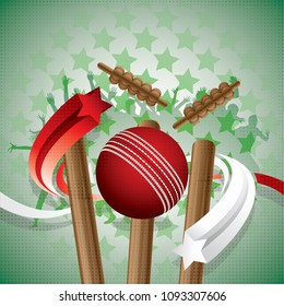 Abstract cricket background with a cricket ball, stumps with bails, red and white arrows and fans in the background