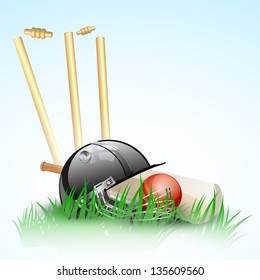 Abstract cricket background with stumps, ball and helmet.