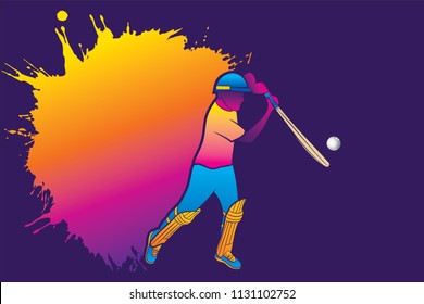 abstract cricket player hitting ball, color splash spot on background write your text
